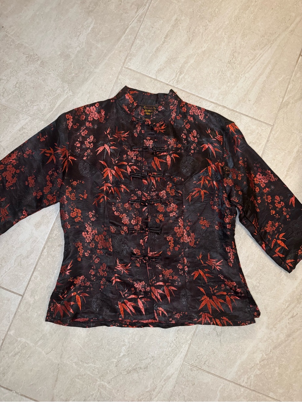 Gallery Black Top with Red Floral & Bamboo Motif